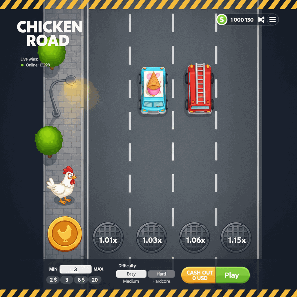 Chicken Road gioco crash di InOut: una gallina cartoon attraversa una strada a più corsie vista dall'alto, ogni corsia mostra moltiplicatori crescenti su tombini metallici, auto in movimento rappresentano il rischio, grafica arcade colorata su sfondo stradale grigio con marcatori di corsia bianchi